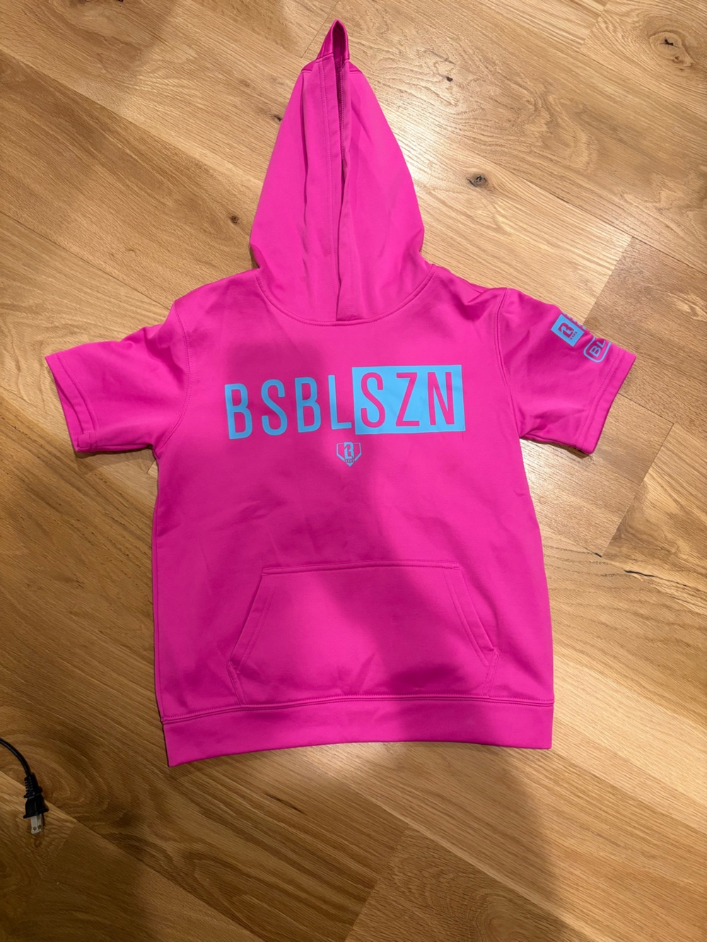 Kids Short-Sleeve Hoodie in Bright Pink with Blue Logo